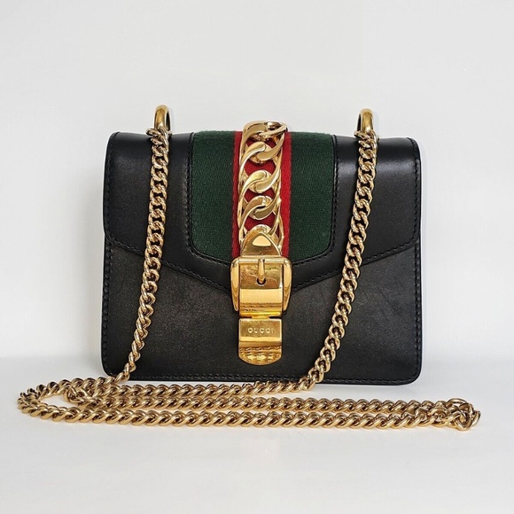 (R854) Gucci Black Sylvie Leather Mini Shoulder Chain Bag - Picture 1 of 1